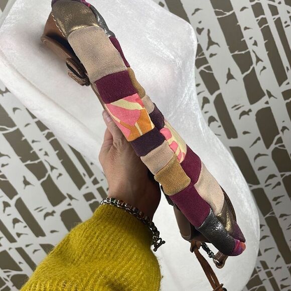 Fossil Patchwork Leather Suede Fabric Hobo Shoulder Bag Clutch - Picture 2 of 11